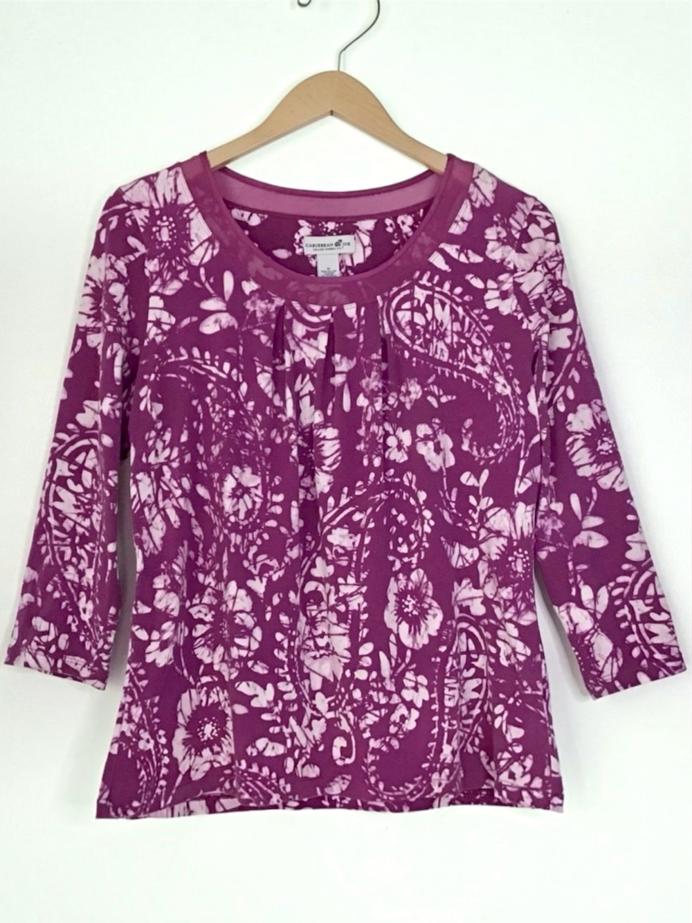 Caribbean Joe Purple Floral Paisley Top Size M Sheer Neckline 3/4 Length Sleeves